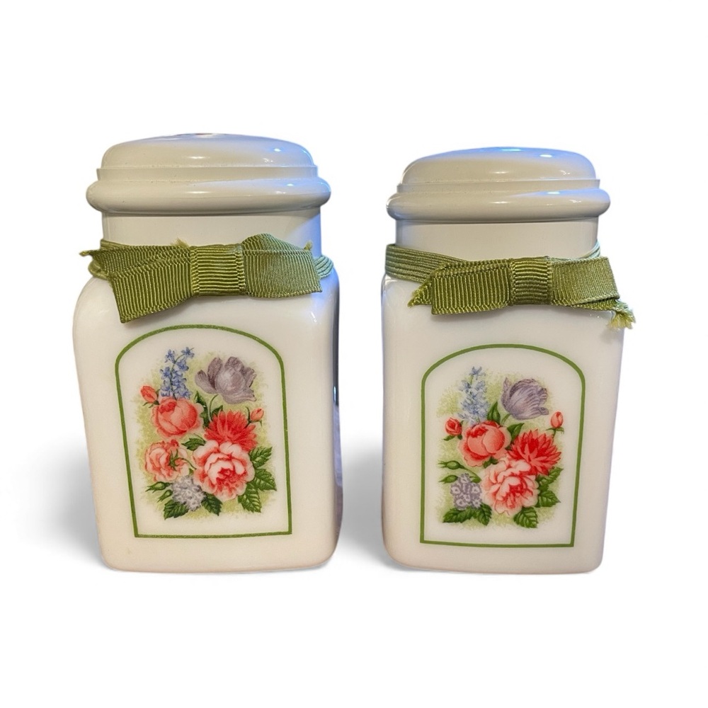 Floral Milk Glass Jars English Cottage • Feminine Vintage • Soft Country Kitchen